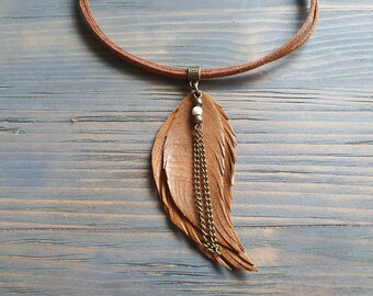 Leather Feather Necklace, Cognac Leather Necklace, Boho Necklace, Feather Pendant Necklace