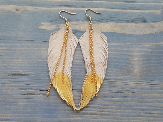 Dangle Boho Earrings, Leather Feather Earrings, Feather Leather Earrings, Long Earrings, Beige Earrings, Bohemian Earrings, Boho Jewelry