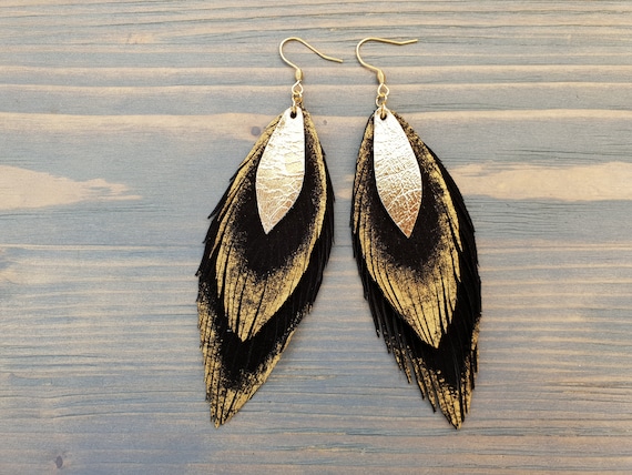 Large Suede Earrings, Black Leather Earrings, Boho Earrings, Leather Feather Earrings, Bohemian Earrings, Statement Earrings, Gold Feathers.