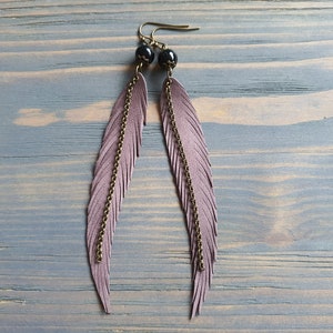 Long Feather Earrings Bohemian Earrings Gemstone Leather Earrings Bohemian Jewelry Long Leather Feather Earrings Boho Tribal Earrings. image 9