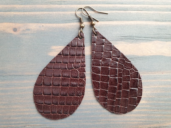 Genuine Leather Teardrop Earrings, Brown Leather Earrings, Casual Jewelry, Boho Earrings, Large Teardrop Earrings, Lightweight Earrings
