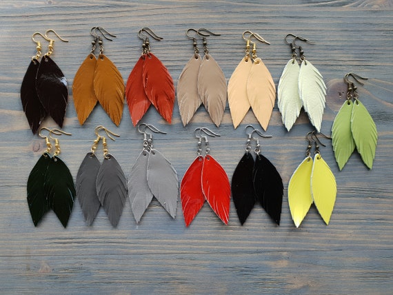 Patent Leather Earrings, Leather Feather Earrings, Drop Earrings, Dangle Earrings, Boho Earrings, Small Earrings, Simple Earrings Handmade