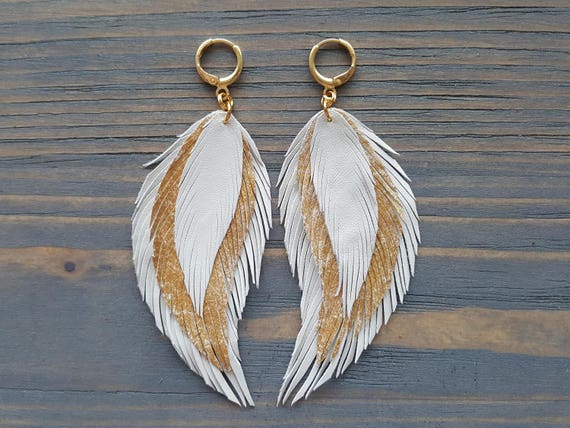 White Leather Feather Earrings, Long Dangle Bohemian Earrings, White and Gold Feather Earrings, Leather Earrings, Boho Jewelry
