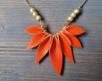 Orange Genuine Leather Necklace, Handmade Petal Necklace, Bright Statement Necklace, Bohemian Pendant Necklace, Gold Chain Necklace