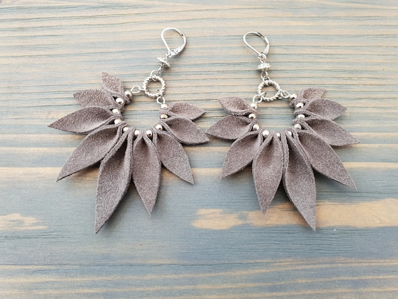 Grey earrings, Leather earrings, Grey leather earrings, Boho earrings, Large earrings, Statement earrings, Big earrings, Boho jewelry