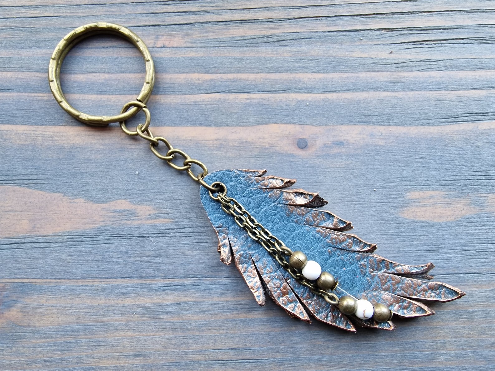 Leather Feather Keychain. Bronze Key Chain. Leather Keyring. Boho ...