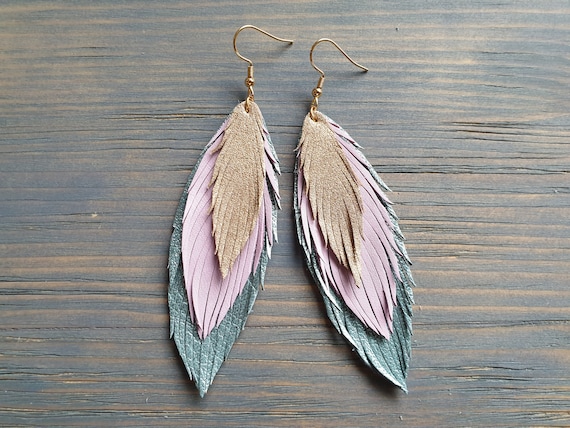 Layered Leather Earrings, Long Earrings, Leather Feather Earrings, Statement Earrings, Dangle Earrings, Bohemian Earrings, Blue Pink Gold