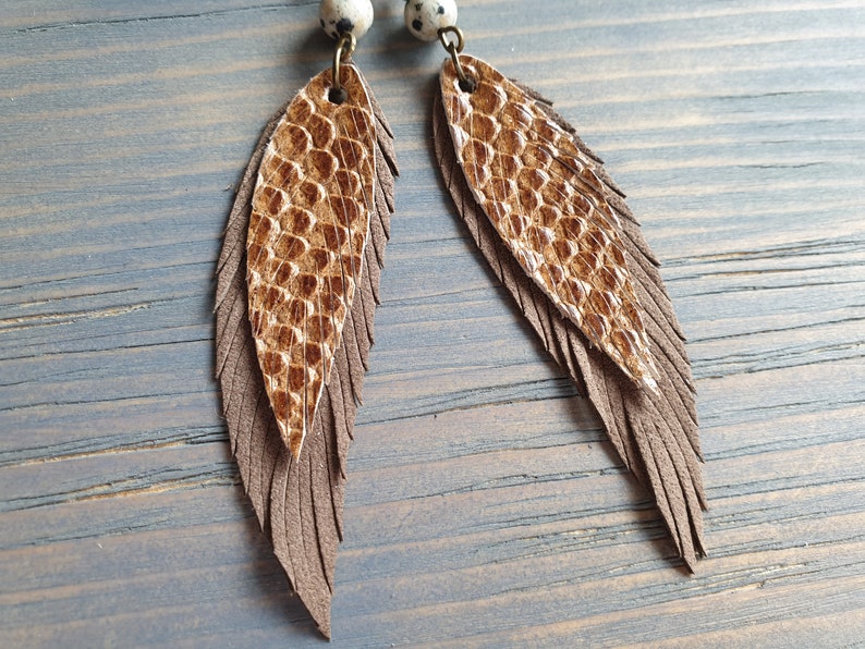 Brown Feather Earrings. Leather Feather Earrings. Gemstone Etsy