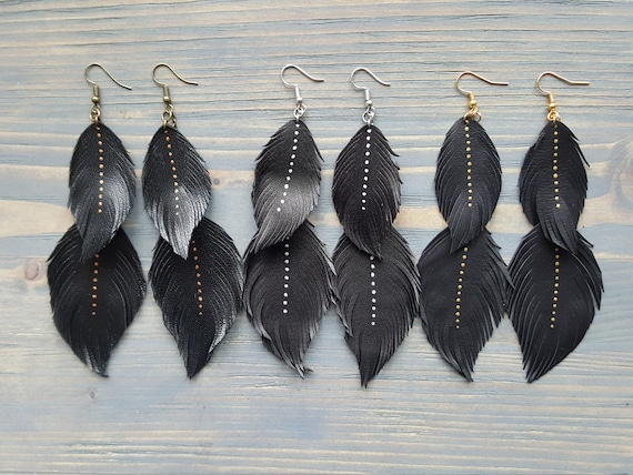 Feather earrings. Leather feather earrings. Boho Earrings. Leather earrings. Boho Chic Jewelry. Leather Leaf Earrings. Bohemian Earrings.