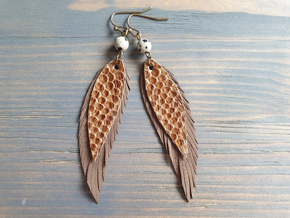 Brown feather earrings. Leather feather earrings. Gemstone beaded earrings. Long drop earrings. Boho earrings. Bohemian earrings. Boho chic.
