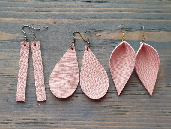 Blush Earrings, Leather Earrings, Leather Bar Earrings, Leather Teardrop Earrings, Leather Leaf Earrings, Simple Minimalist Earrings Pink