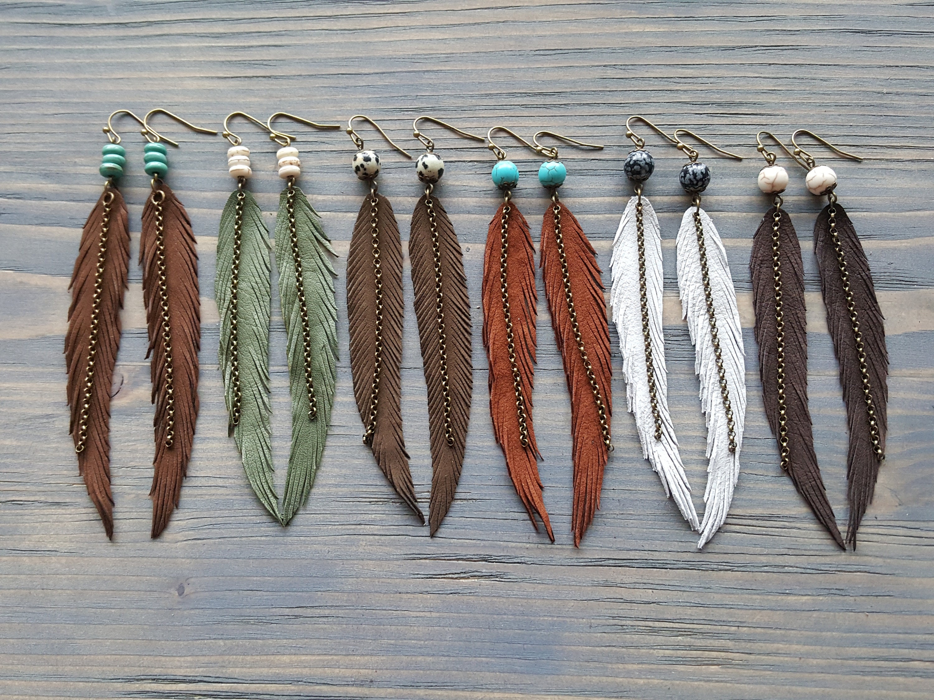 Long Feather Earrings Bohemian Earrings Gemstone Leather Etsy