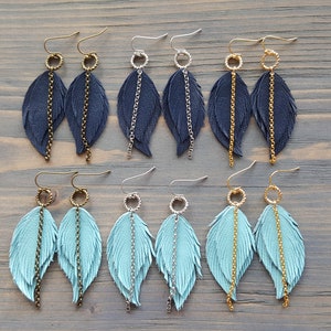 Leather feather earrings. Boho earrings. Bohemian earrings. Leather earrings. Dangle layered earrings. Native earrings. Western earrings. image 5