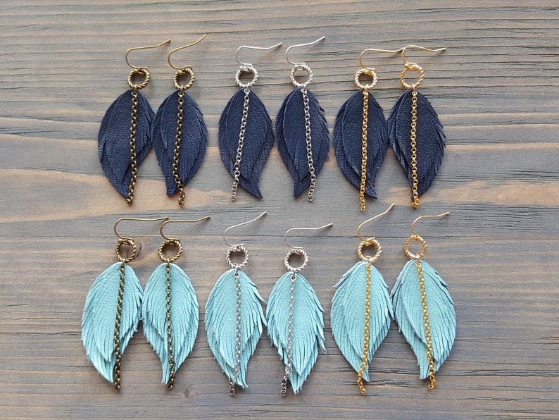 Leather feather earrings. Boho earrings. Bohemian earrings. Leather earrings. Dangle layered earrings. Native earrings. Western earrings. image 5