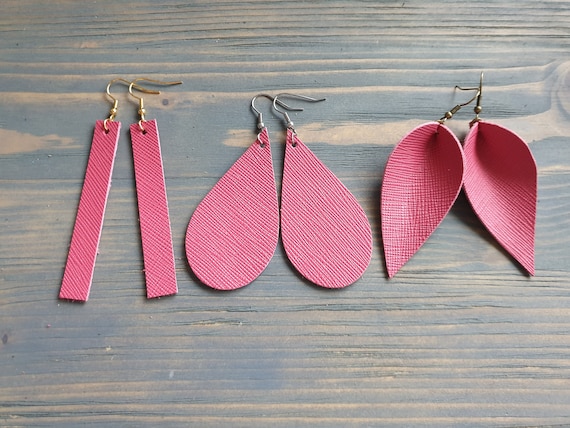 Pink Leather Earrings, leather Bar Earrings, Leather Teardrop Earrings, Leather Leaf Earrings, Pink Earrings, Handmade Earrings