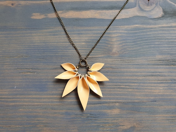 Leather Petal Necklace, Leather Pendant Necklace, Bronze Chain Necklace, Statement Necklace, Peach Necklace, Boho Necklace, Leather Jewelry