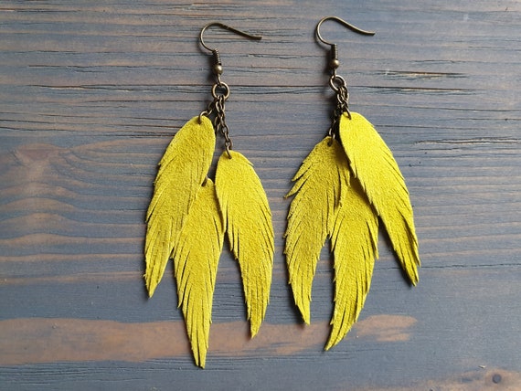Triple Layered Yellow Leather Feather Earrings Statement Earrings Boho Jewelry