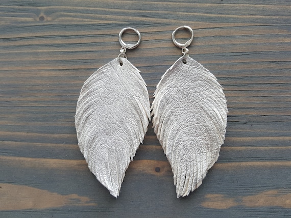 White Silver Leather Earrings, Leather Feather Earrings, Silver Feather Earrings, Large Feather Earrings, Boho Earrings, Bohemian Earrings