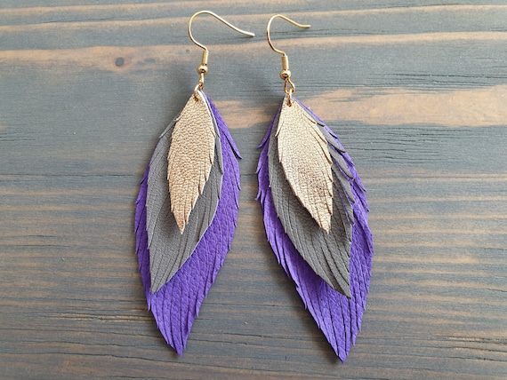 Purple Grey Gold Leather Earrings, Layered Leather Earrings, Statement Earrings, Leather Feather Earrings, Bohemian Earrings, Boho Jewelry