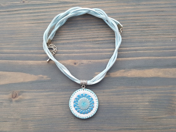 White and blue leather necklace. Boho necklace. Leather choker. Boho choker. Bohemian choker. Mandala necklace. Mandala pendant. Bohemian.