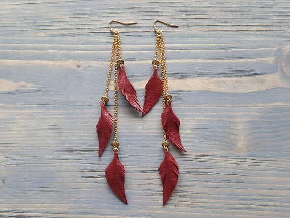 Gold Chain Earrings. Leather Feather Earrings. Long Dangle Earrings. Red Gold Earrings. Long Chain Earrings. Long Bohemian Earrings.
