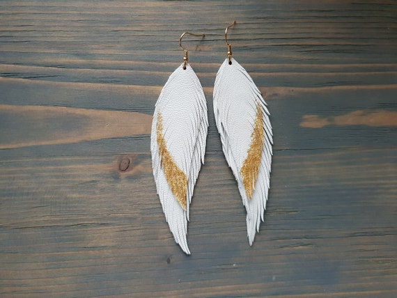 Extra Long Earrings, Statement Leather Earrings, White Feather Earrings, Boho Leather Feather Earrings, Lightweight Hypoallergenic Earrings