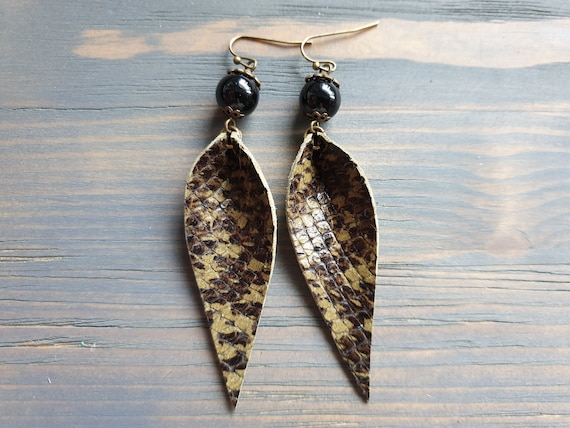 Leather Leaf Earrings, Snakeskin Earrings, Black Agate Earrings, Statement Earrings, Boho Earrings, Bohemian Earrings, Lightweight Earrings