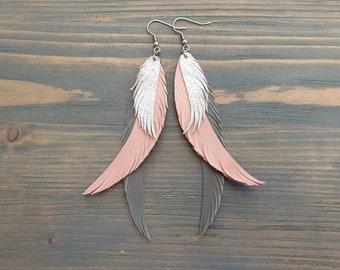 Leather Feather Earrings, Boho Earrings, Long Earrings, Leather Earrings, Statement Earrings, Boho Jewelry, Bohemian Earrings, Boho Chic