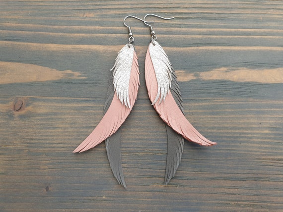 Leather Feather Earrings, Boho Earrings, Long Earrings, Leather Earrings, Statement Earrings, Boho Jewelry, Bohemian Earrings, Boho Chic