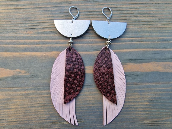 Large Statement Multicolour Earrings, Art Deco Earrings, Long Dangle Leather Earrings, Boho Earrings, Genuine Leather Jewellery Handmade