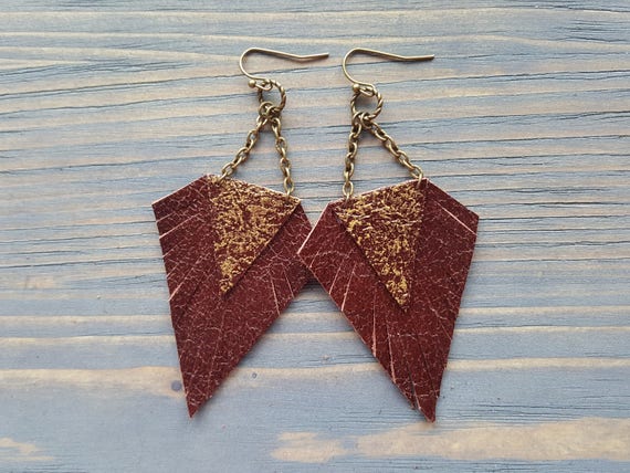 Dark Red Earrings. Leather Earrings. Boho Earrings. Bohemian Earrings. Red Bronze Earrings. Leather Fringe Earrings. Boho Chic Jewelry.