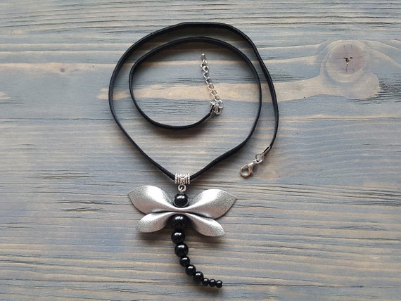 Black Leather Necklace, Black Onyx Necklace, Large Onyx Pendant, Dragonfly Necklace, Statement Necklace, Statement Jewelry Gemstone Necklace