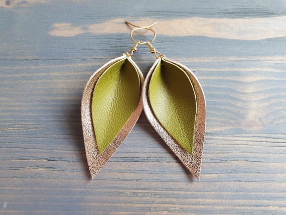 Leather Leaf Earrings, Genuine Leather Earrings, Leather Earrings, Double Leaf Earrings, Handmade Earrings, Lightweight Earrings