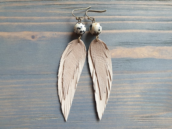 Beige Leather Earrings, Statement Earrings, Leather Feather Earrings. Gemstone Earrings, Long Drop Earrings, Bohemian Earrings