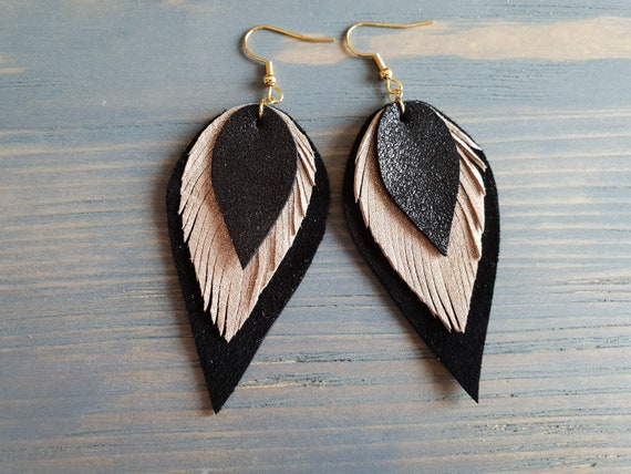 Layered Leather earrings, Leather Teardrop Earrings, Boho Earrings, Leather Earrings, Leather Leaf Earrings, Bohemian Earrings, Boho Chic