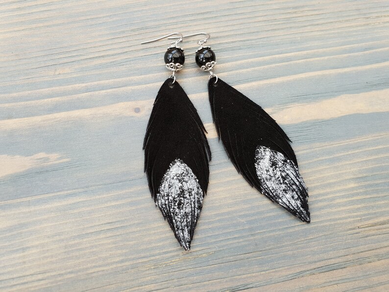 Black Leather Feather Earrings. Black Onyx Earrings. Bohemian Etsy