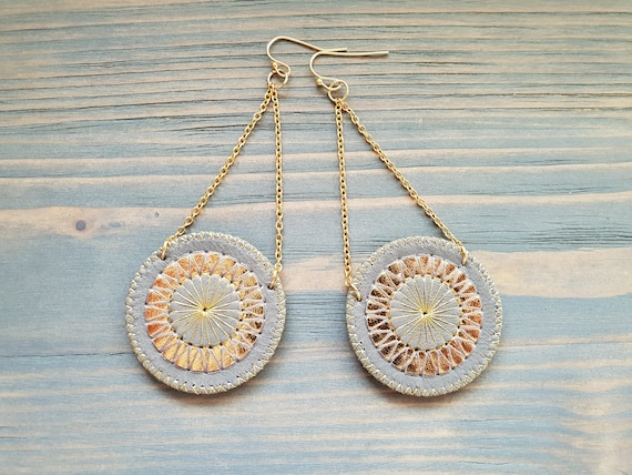 Grey Leather Dangle Earrings Boho Jewelry Long Dangle Earrings Circle Round Disc Earrings Fashion Jewelry Handmade Bohemian Earrings