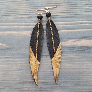 Black Feather Earrings, Boho Jewelry, Long Leather Earrings, Black Agate Earrings, Statement Earrings, Bohemian Earrings, Boho Earrings