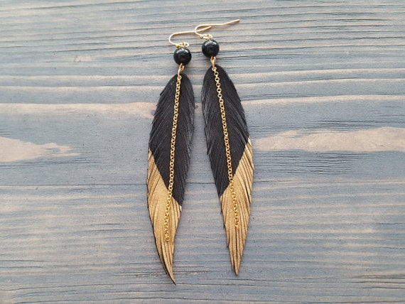 Black Feather Earrings, Boho Jewelry, Long Leather Earrings, Black Agate Earrings, Statement Earrings, Bohemian Earrings, Boho Earrings