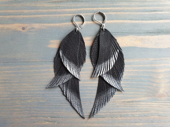 Triple Leather Feather Earrings / Genuine Leather Earrings Handmade Bohemian Earrings Boho Earrings Silver Ombre Earrings Black Earrings