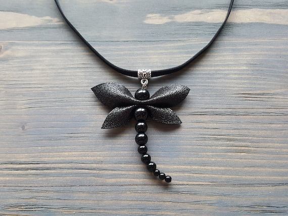 Black Onyx Necklace, Large Onyx Pendant, Black Leather Choker, Dragonfly Necklace, Gemstone Dragonfly Pendant, Leather Statement Necklace.