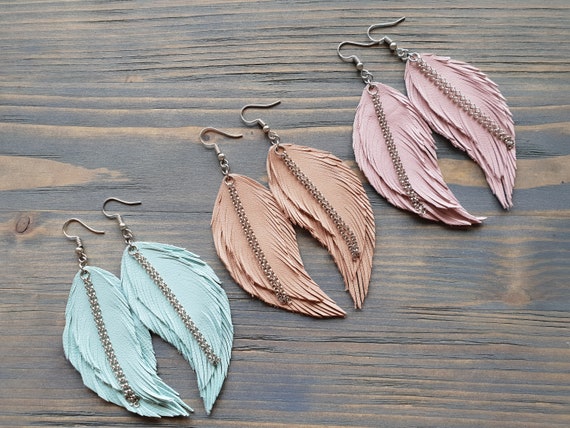 Super Light Weight Genuine Leather Feather Earrings: Aqua Blue, Beige, Blush Pink