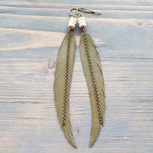 Long Feather Earrings Bohemian Earrings Gemstone Leather Earrings Bohemian Jewelry Long Leather Feather Earrings Boho Tribal Earrings. image 3
