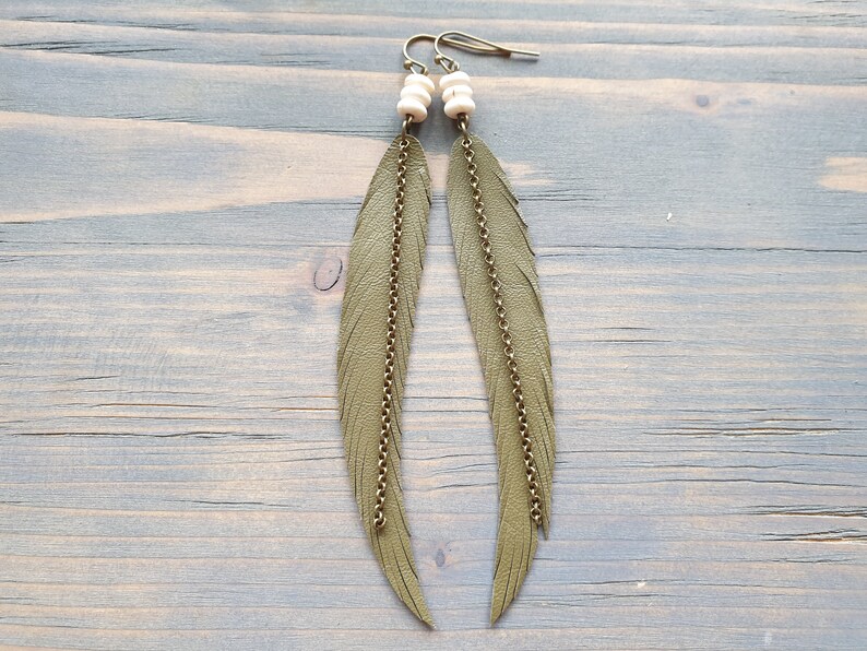 Long Feather Earrings Bohemian Earrings Gemstone Leather Earrings Bohemian Jewelry Long Leather Feather Earrings Boho Tribal Earrings. image 3