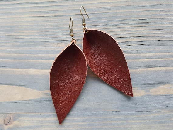 Leather Leaf Earrings, Genuine Leather Earrings, Real Leather Earrings, Burgundy Earrings, Boho Earrings, Western Earrings, Bohemian Earings