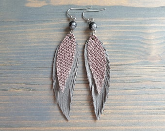 Layered Leather Feather Earrings, Long Earrings, Grey Leather Earrings, Bohemian Earrings, Boho Earrings, Gift For Her