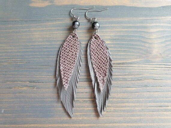 Layered Leather Feather Earrings, Long Earrings, Grey Leather Earrings, Bohemian Earrings, Boho Earrings, Gift For Her