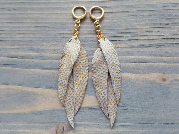 Long Gold Earrings. Grey Feather Earrings. Leather Feather Earrings. Gold Dangle Earrings. Gold Feather Earrings. Bohemian Jewelry Boho chic