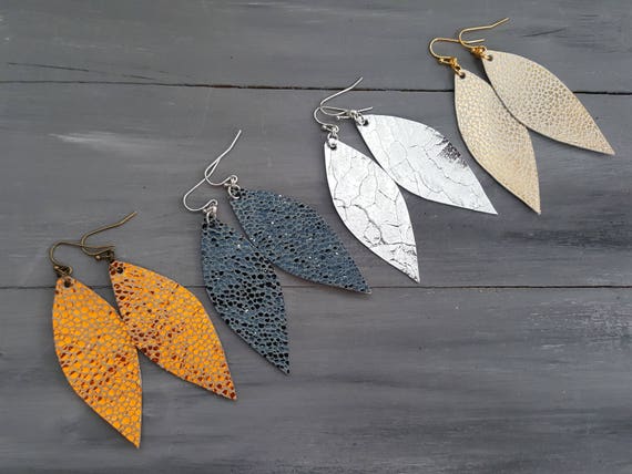 Handmade Leather Earrings Lightweight Earrings Metallic Leather Drop Earrings Shiny Teardrop Earrings Handmade Jewelry Boho Jewelry