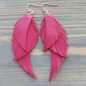 Fuchsia pink earrings. Pink leather earrings. Leather feather earrings. Long feather earrings. Bohemian earrings. Boho earrings. Boho chic. image 5